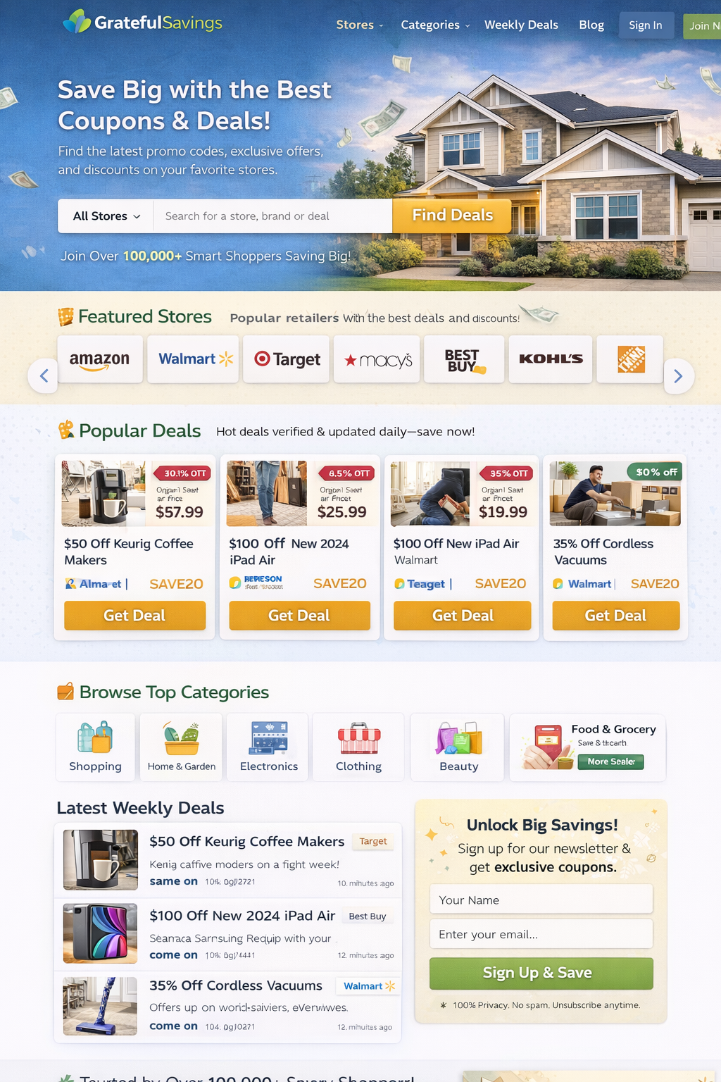 GratefulSavings.com homepage mockup